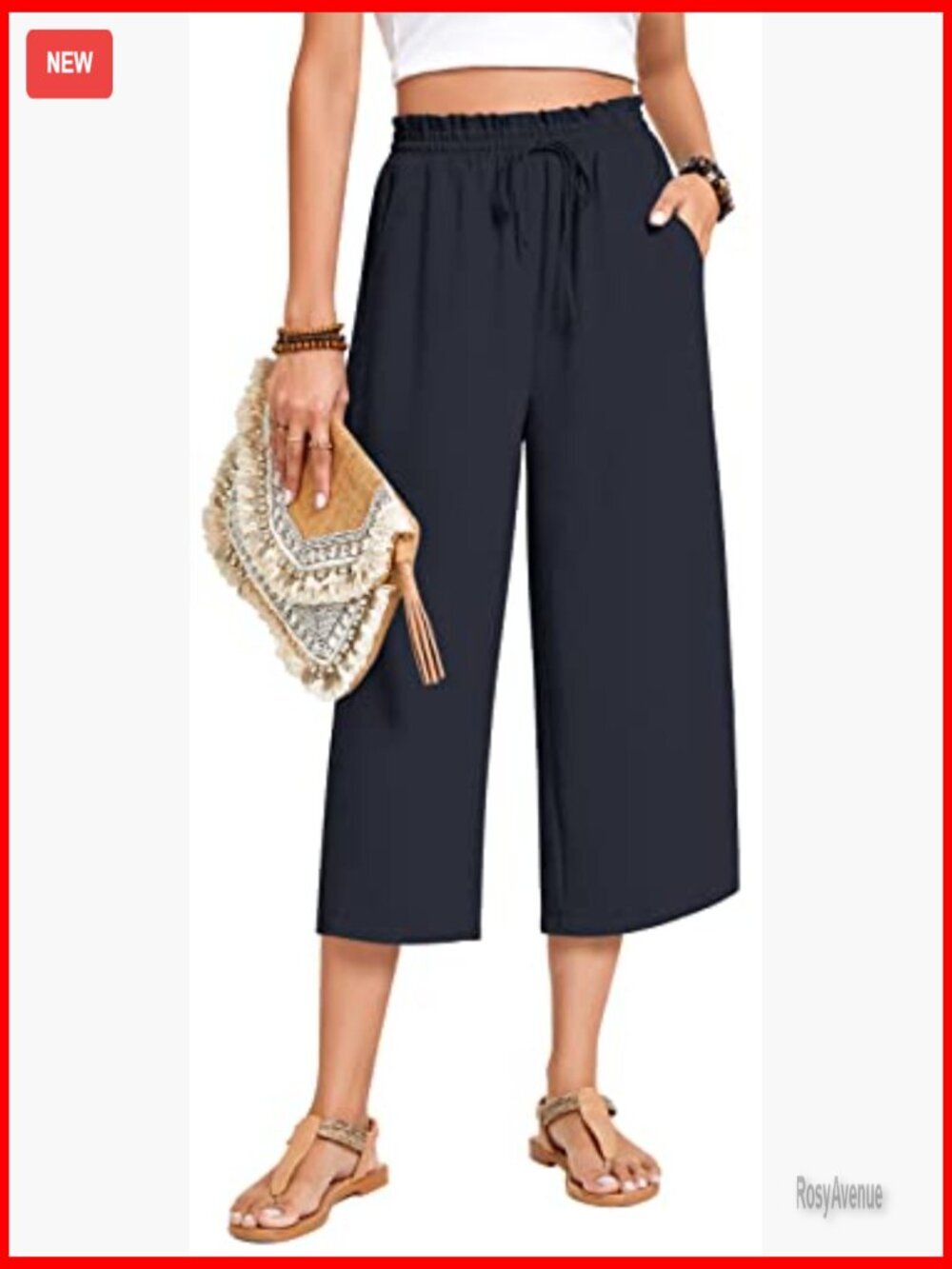 High Waisted Wide Leg Palazzo Capri Pants with Drawstring Pockets Lounge - Picture 2 of 7